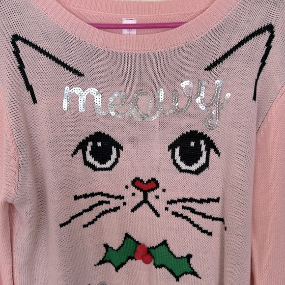 Juniors Christmas Cat Sweater Light Pink XXL (2XG) 19 Sequins & Pom Poms - Picture 2 of 8